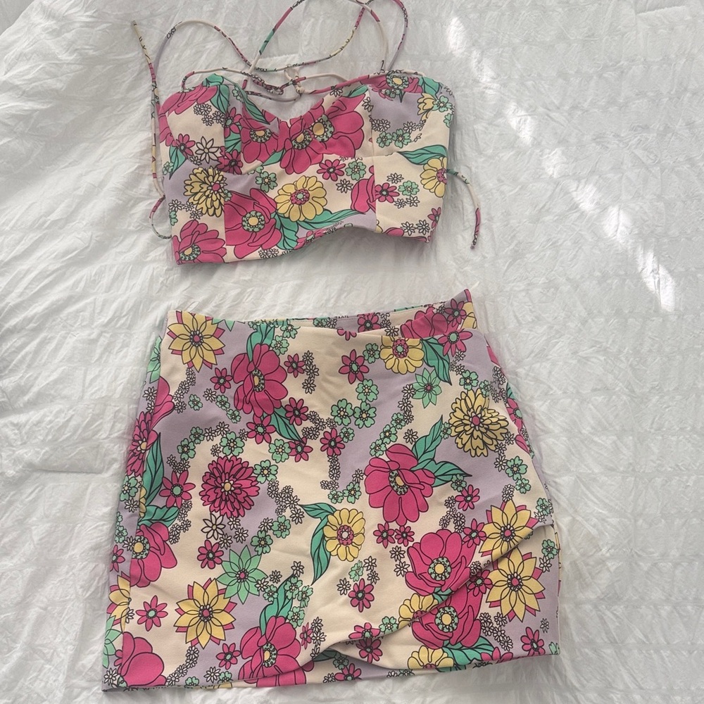 Zara Pink and Yellow Floral Skirt Set